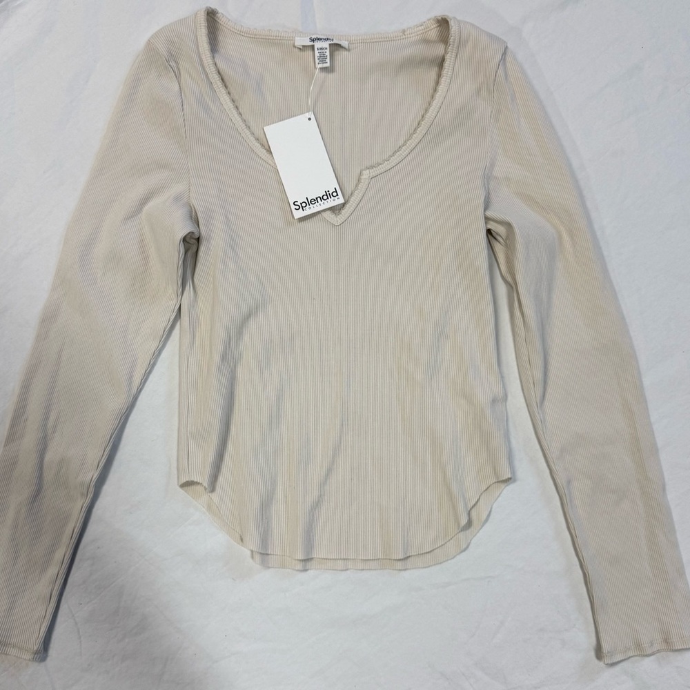 Splendid Long Sleeve Ribbed Knit Fitted Cream Top R13
